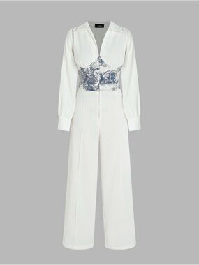 Cider White Long-Sleeve Wide-Leg Jumpsuit with Blue Waist Print